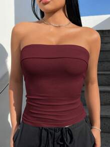 SHEIN EZwear Burgundy Knit Tight Bandeau Tube Top, Simple & Fashionable For Casual Daily Wear - Burgundy - View 5