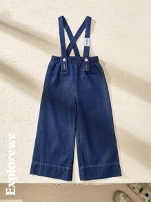 SHEIN 1 条女童牛仔裤，都市休闲风格，可拆卸背带阔腿设计，适合城市郊游、学校、派对和日常穿着 - 藍色 - 查看 1