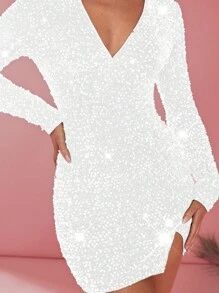 Glamine 深 V 领亮片迷你连衣裙，纯色 V 领修身长袖，简约时尚休闲日常穿着 - 白色 - 查看 4