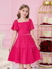 Tween Girls 可爱粉色情人节印花短袖上衣和松紧腰 A 字裙套装，夏季 - 玫紅色 - 查看 6