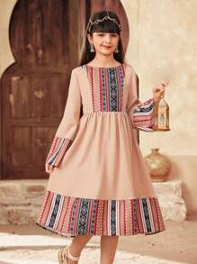 SHEIN Tween Girl Spring & Summer Casual Vacation Retro Stripes & Geometric Retro Print Patchwork Flare Sleeve Ruched Hem Long Dress - Khaki - View 1