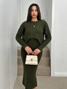 SHEIN Tall Women's Solid Color Crew Neck Long Sleeve Blouse And Dress 2pcs Set - Green - View 3