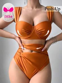 Conjunto de bikini de cintura alta con taza de acero de unicolor y torsión para mujer, para el verano