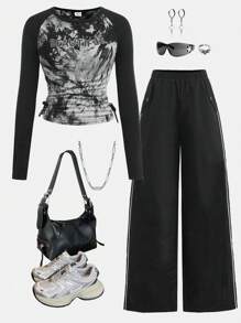 Girlism 2 Pieces Set For Teen Girls Black And White Autumn Streetwear Holiday Casual English Text Tie Dye Bow Decor T-Shirt & Chic Utility Cargo Pants - Multicolor - View 1