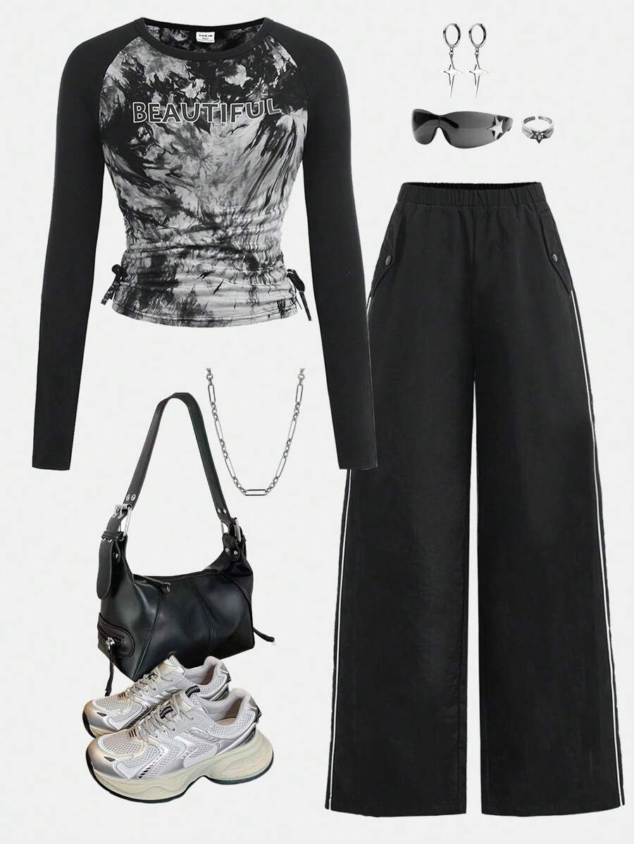 Girlism 2 Pieces Set For Teen Girls Black And White Autumn Streetwear Holiday Casual English Text Tie Dye Bow Decor T-Shirt & Chic Utility Cargo Pants - Multicolor - View 1