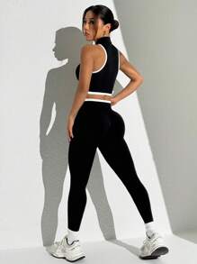 Seamluxe SHEIN Sport Conjunto deportivo para mujeres de top sin mangas con cierre delantero de unicolor y pantalones largos - Conjunto deportivo para mujeres - Conjunto de mallas para mujeres
