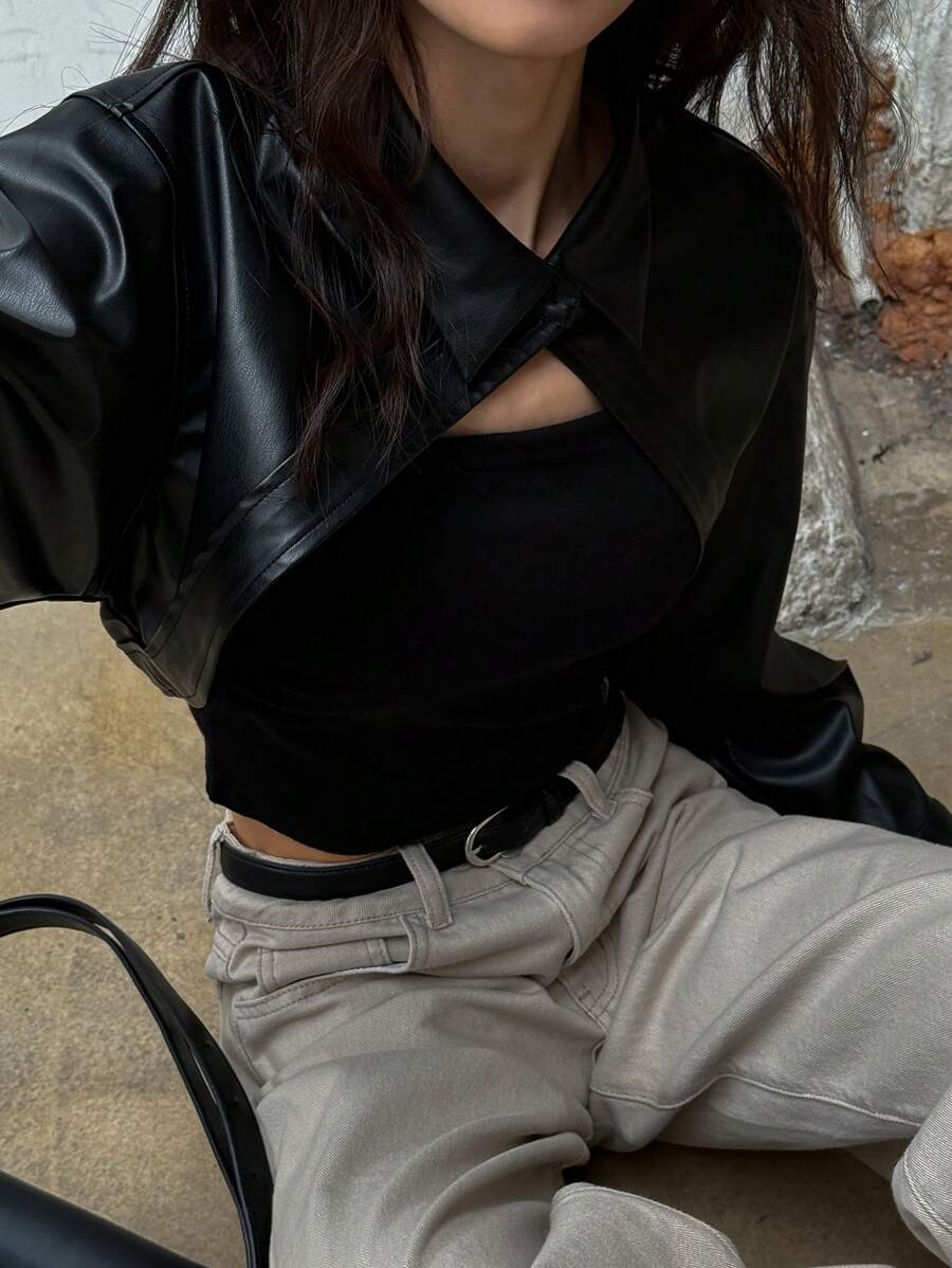 DAZY 女士纯色前扣长袖休闲 PU 皮夹克，日常穿着，秋季服装 - 黑色 - 查看 1