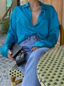 DAZY 女式纯色落肩长袖单排扣休闲衬衫，秋季 - 藍色 - 查看 5