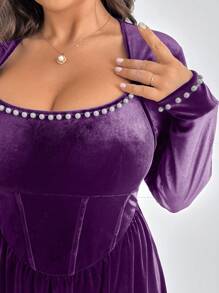 Celure Plus Size Women Elegant Romantic Velvet Pearl Decor Faux Fishbone Design Dress