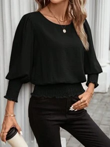 SHEIN LUNE 1pc Women Casual Solid Color Front Pocket 3/4 Sleeve Blouse, Basic Autumn/Winter Daily