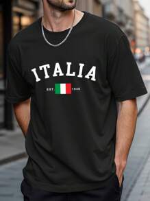 Manfinity Homme Men's Letter Print Round Neck Loose Fit Short Sleeve Casual T-Shirt - Black - View 3