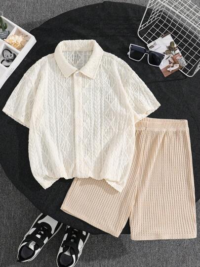 2 件儿童/青少年男童休闲度假镂空面料翻领开衫衬衫和纯色短裤套装，适合通勤、上学、日常休闲、旅行、运动、春夏秋冬