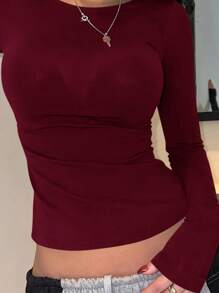 INAWLY Women's Solid Color Back Slit Hem Long Sleeve Fitted T-Shirt, Autumn Fall Cloth For Women - Burgundy - View 3