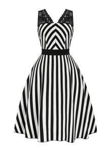 SHEIN Clasi Plus Size Women Classic Black & White Stripe Contrast Lace Sleeveless Slim Fit Dress - Black and White - View 1
