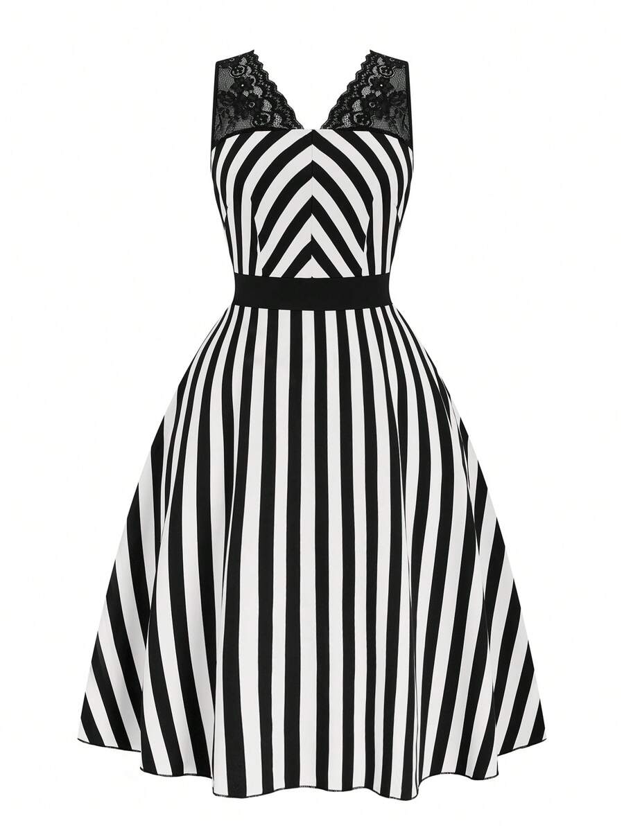 SHEIN Clasi Plus Size Women Classic Black & White Stripe Contrast Lace Sleeveless Slim Fit Dress - Black and White - View 1