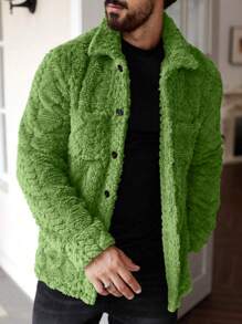 Manfinity Homme Men's Casual Solid Color Fuzzy Jacket For Autumn/Winter ,Men Flannel,Winter Men Jacket Green Men Jacket Men Solid Color Jacket - Green - View 3