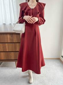 FRIFUL Damen Weihnachts Midi-Länge Kleid mit Rüschenkante, Herbstkleidung Langarm Kleid, Neujahr - Rot - Übersicht 5