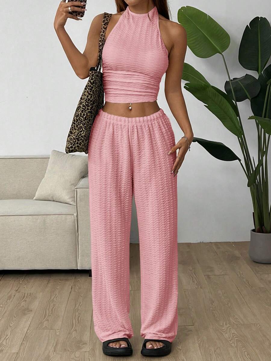 SHEIN EZwear Bộ đồ bó sát thường ngày dệt kim màu hồng dành cho nữ - Hồng - Xem 1