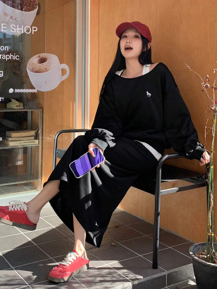 2 Pieces Women Casual Loose Contrast Color Crew Neck Long Sleeve Set,Fall Clothes