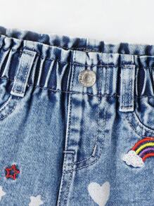 Baby Girls Elastic Waist Ruffle Heart & Star Embroidered Loose Comfortable Washed Light Blue Denim Tapered Pants - Light Wash - View 3