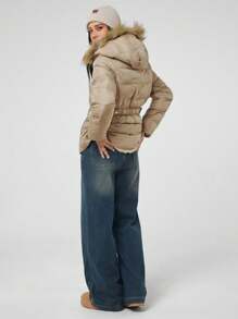 Easelle Women Fur Trim Front Zipper Long Sleeve Pocket Casual Hooded Winter Coat