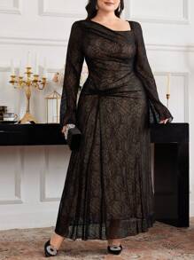 Modelyn Plus Size Asymmetrical Neckline Long Sleeve Casual Fitted Dress - Black - View 7