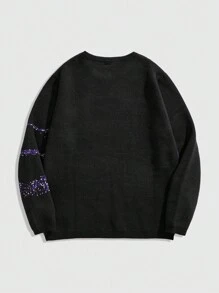 ROMWE MEN Street Life 男士圆领长袖图案细节休闲针织毛衣 - 黑色 - 查看 2