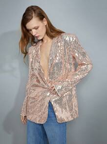 Maija 女士杏色早春/春季纯色翻领长袖前口袋垫肩亮片优雅时尚派对西装外套节日 - 杏色 - 查看 6