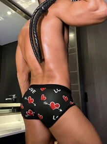 Men's Heart Print Casual Comfortable Briefs - Black - View 1