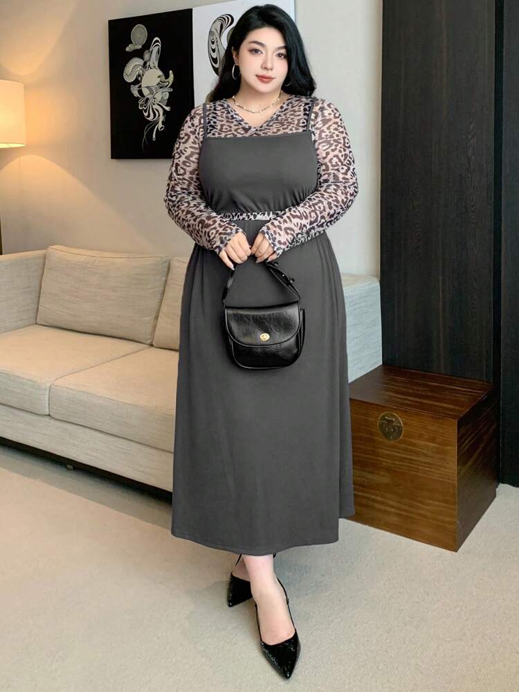 Dazy Plus Plus Size Leopard Print Splicing 2 In 1 Lace-Up Dress, Spring/Summer Cheetah Print Prom Dress Maxi Dress