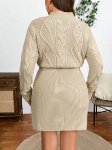 SHEIN LUNE 女式大码粗针织纯色圆领修身毛衣连衣裙，秋冬款 - 卡其色 - 查看 2