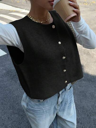 Siren Gaze Gilet court sans manches en laine de couleur unie style cardigan femme avec boutons métal