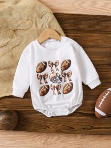 SHEIN Baby Girl Casual Cute Daily All-Match Versatile Football & Bow Design Long Sleeve Loose Fit Comfy Knit Bodysuit, Suitable For Spring & Autumn - Beige - View 1