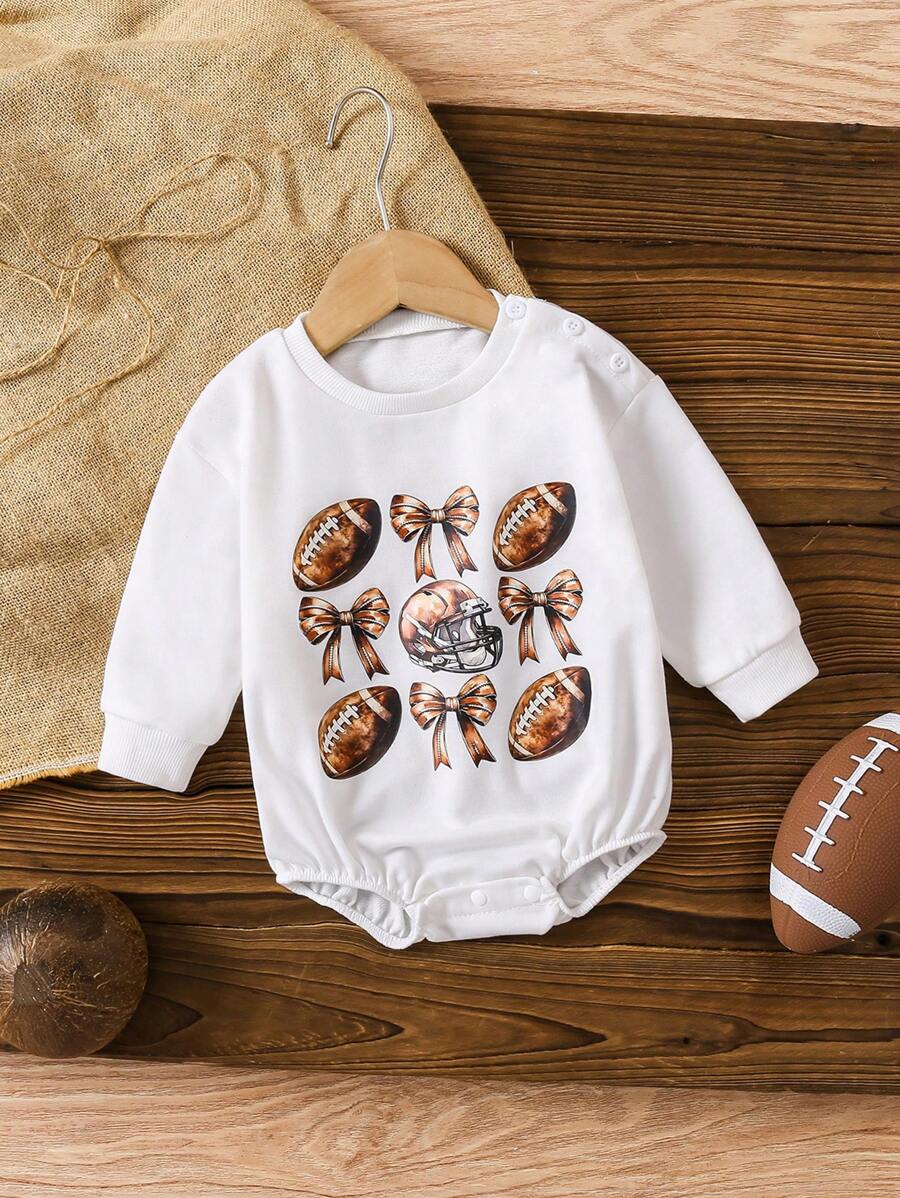 SHEIN Baby Girl Casual Cute Daily All-Match Versatile Football & Bow Design Long Sleeve Loose Fit Comfy Knit Bodysuit, Suitable For Spring & Autumn - Beige - View 1
