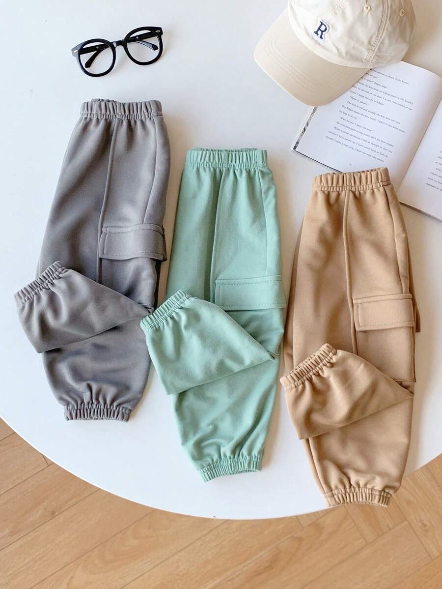 SHEIN Leap Crew 3 件套男女通用婴儿/幼儿工装口袋松紧腰踝带裤套装，适合秋冬季运动、居家、上学的休闲装