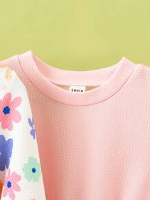 Girls Digital Ditsy Floral Mixed Solid Color Dress, Suitable For Autumn/Winter