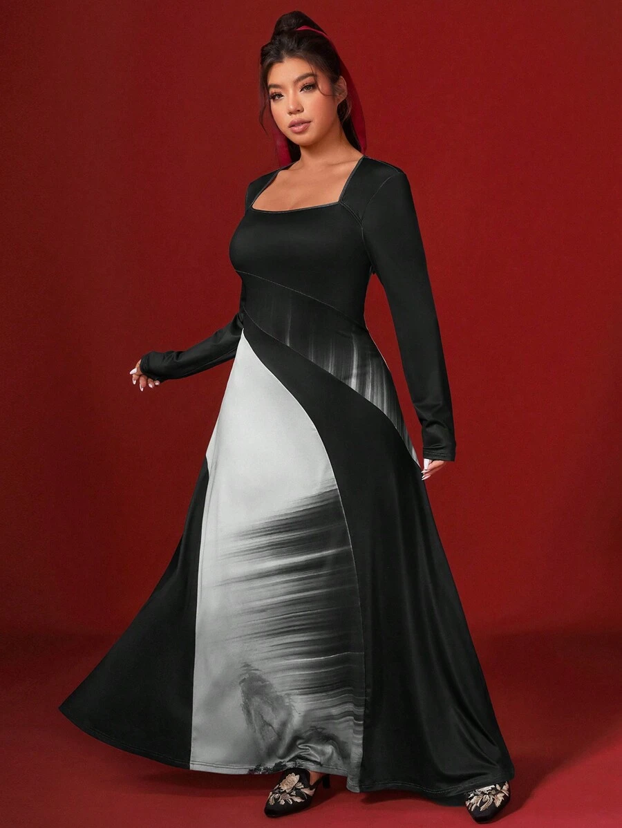 SHEIN VCAY Plus Size Black Splicing Ink Painting Print Square Neck Long Sleeve Dress,Elegant Formal Dinner Evening Autumn New Chinese Style Oriental A-Line Knit - Multicolor - View 1