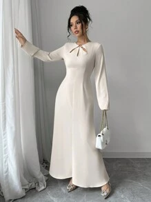 SHEIN Essnce Women Long Satin Dress, Metal Clasp Hollow-Out Dress, Long Sleeve Dress,Spring - Beige - View 7