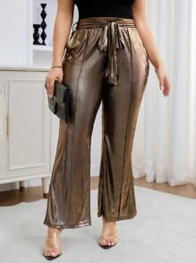 SHEIN LUNE Metallic Coated Stretch Fabric Waist Bowknot Flare Pants, Slimming Plus Size Trousers New Years Women Outfit New Years Outfit New Year Eve Outfit