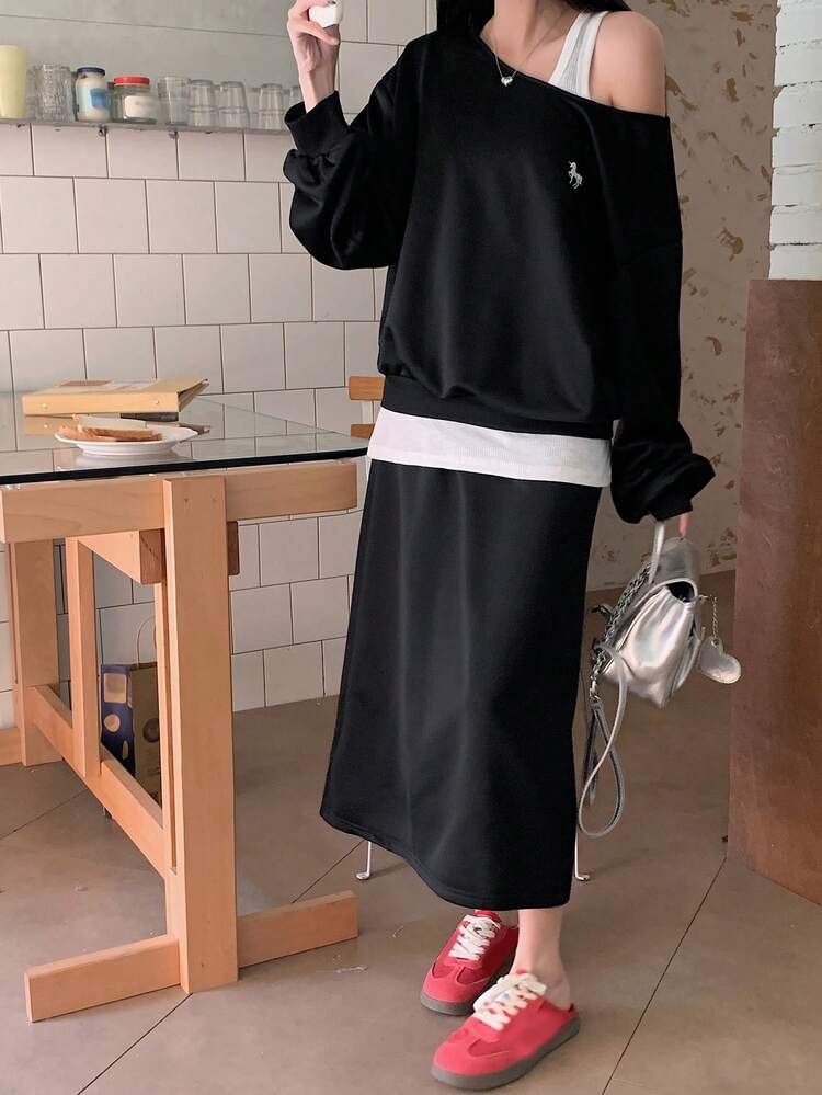 2 Pieces Women Casual Loose Contrast Color Crew Neck Long Sleeve Set,Fall Clothes