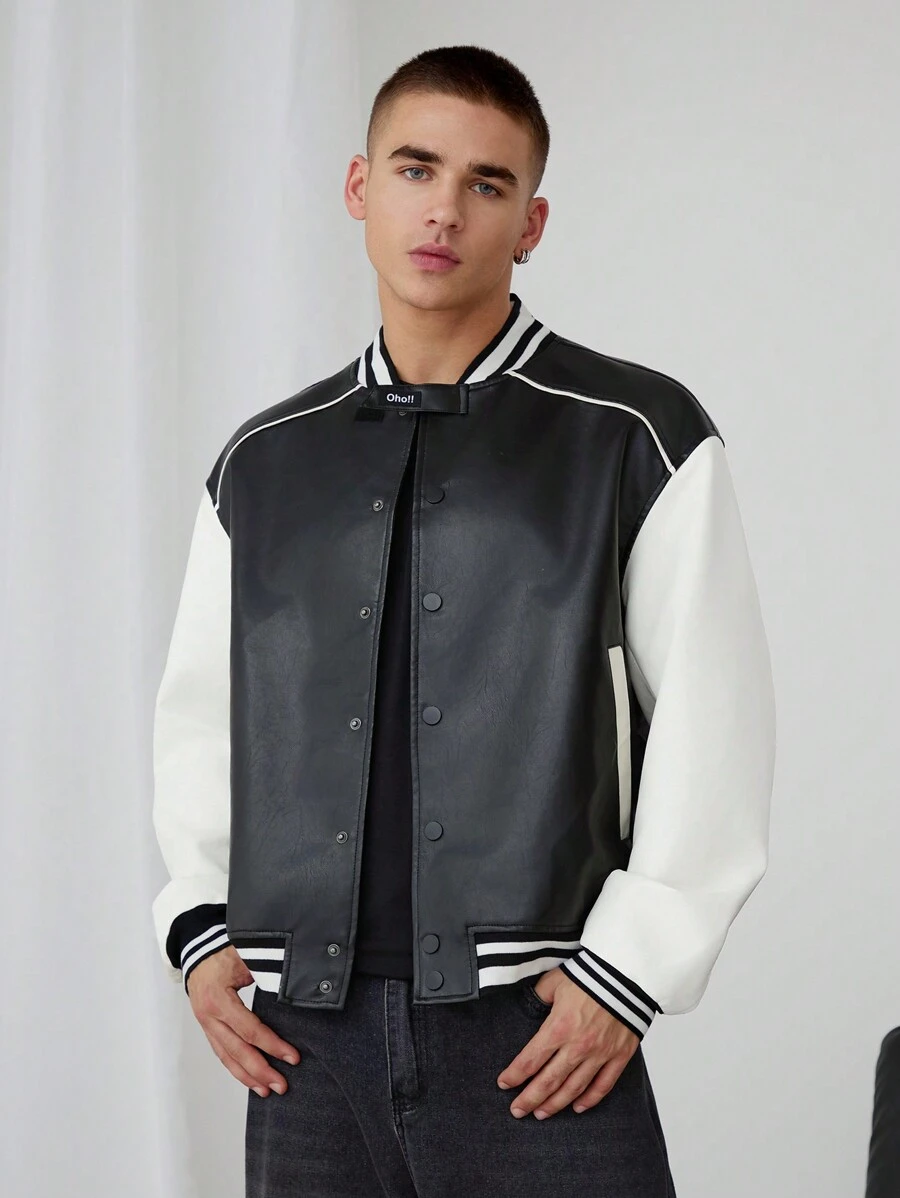 Manfinity VCAY Unisex PU Leather Contrasting Baseball Collar Jacket, For Fall Winter - Black and White - View 1