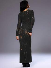 MUSERA Long Sleeve Distress Knit Maxi Dress Elegant Spring Sexy Cute Boho Beach Vacation Evening Party Elegant - Dark Grey - View 2