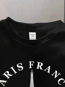 SHEIN EZwear Oversized Eiffel Tower Graphic Round Neck Short Sleeve T-Shirt, Loose Style For Women, Suitable For Summer