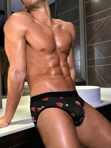 Men's Heart Print Casual Comfortable Briefs - Black - View 5