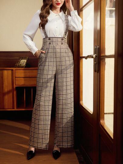 Vintamour Vintage Elegant Women's Double-Breasted Color-Blocking Plaid Pocket Suspender Pants, Straight-Leg Jumpsuit Christmas Clothes Women Clothes For Women New Years Women Outfit Christmas Outfit Women Business Casual Woman Clothes Overalls Rompers For Women Old Money Style Women Brown Pants New Years Outfit Concert Outfit Women Going Out Outfits Pants For Women Valentine's Day Valentines Valentine's Day Spring
