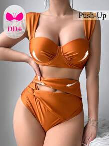 Conjunto de bikini de cintura alta con taza de acero de unicolor y torsión para mujer, para el verano