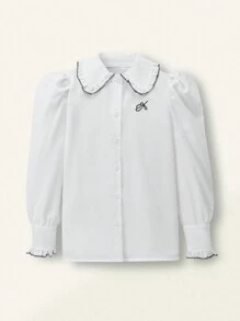 SHEIN 1 件女童白色泡泡袖学院风纽扣衬衫，舒适百搭 - 白色 - 查看 1