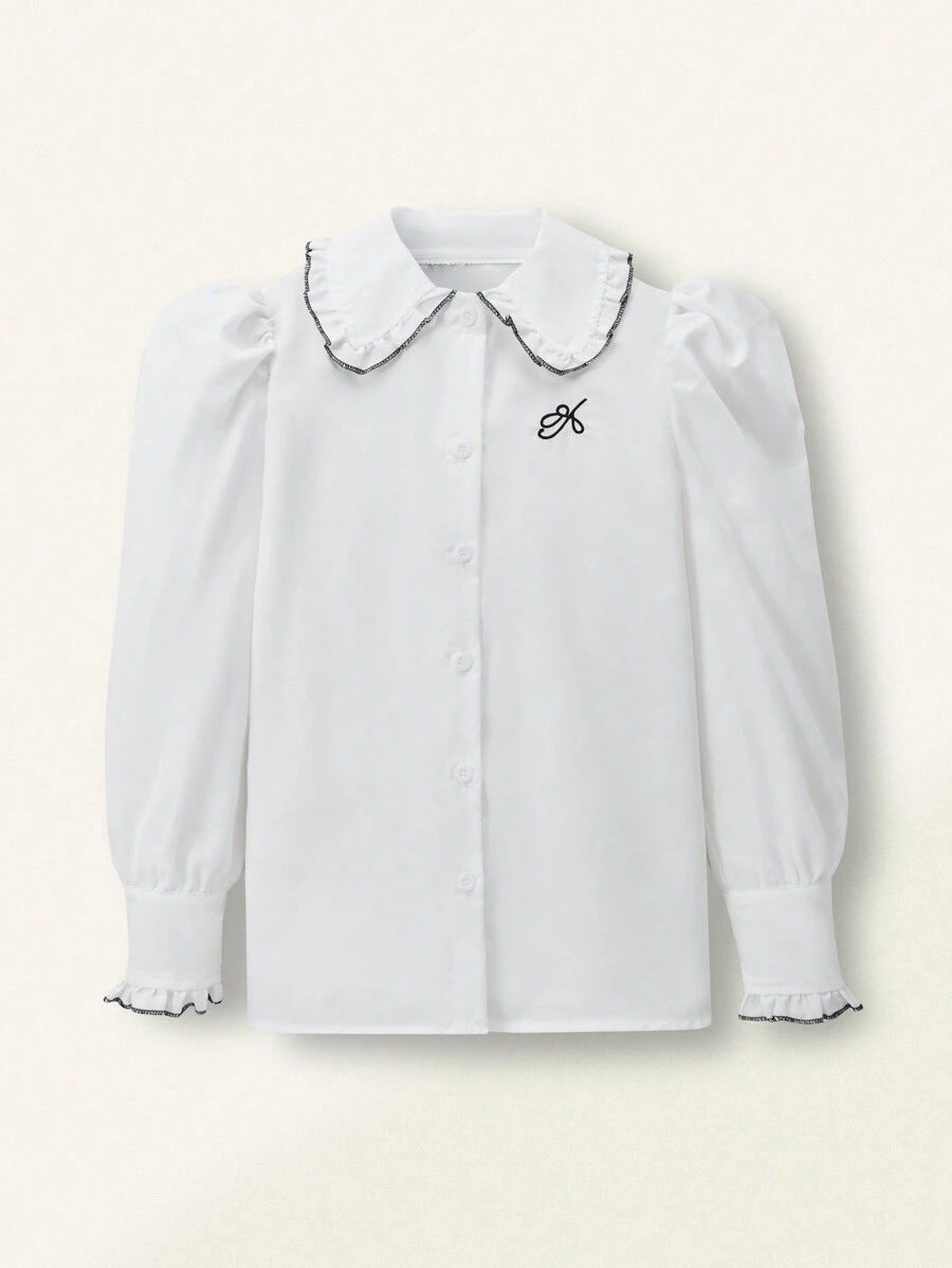 SHEIN 1 件女童白色泡泡袖学院风纽扣衬衫，舒适百搭 - 白色 - 查看 1