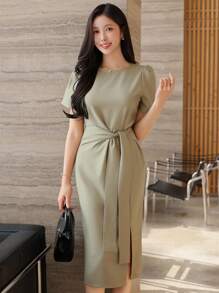 DAZY Women's Summer Solid Color Tie Neck Midi Dress Sundress - Green - View 1