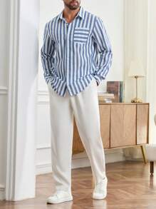 Manfinity Homme Herren Lässig Gestreiftes Langarmhemd, Herbst - Blau-Weiß - Übersicht 5